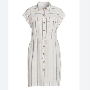 Soft Linen Blend Dress Drawstring Waist Hip and Chest Pockets